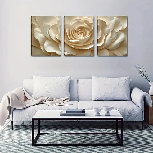 3pcs Flower Design in Beige & White Wall Art Set Canvas Unframed - High Quality Print 100% Australian Made Wall Canvas - Bella Home Decor