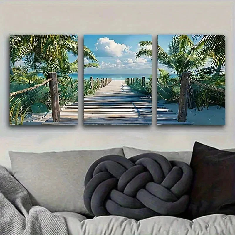 3pcs Tropical Beach Boardwalk Art Vintage Wall Art Set Canvas Framed 60x90cm - High Quality Print 100% Australian Made Wall Canvas Ready to Hang - Bella Home Decor