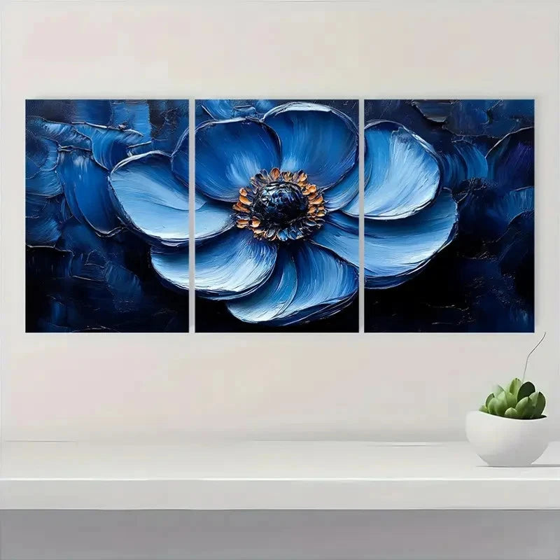 3pcs Heavy Textured Mini Blue Flower BF Wall Art Set Canvas Framed 60x90cm - High Quality Print 100% Australian Made Wall Canvas Ready to Hang - Bella Home Decor