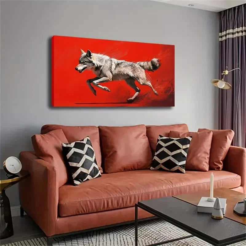 Wolf Motion With Red Abstract Wall Art Canvas Office Home Room Framed 120x60cm - Bella Home Decor