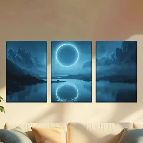 3pcs Painting of a Moon Over a Lake Wall Art Set Canvas Unframed – High Quality Print 100% Australian Made Wall Canvas