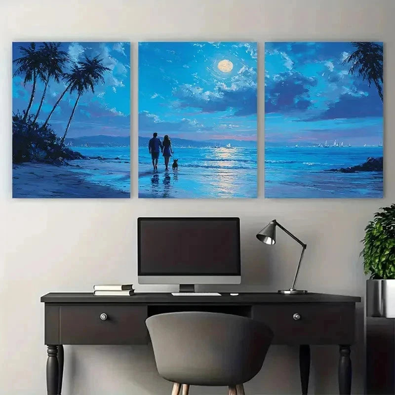 3pcs Romantic Beach Walk Couple Perfect Wall Art Set Canvas Framed 50x70cm - High Quality Print 100% Australian Made Wall Canvas Ready to Hang