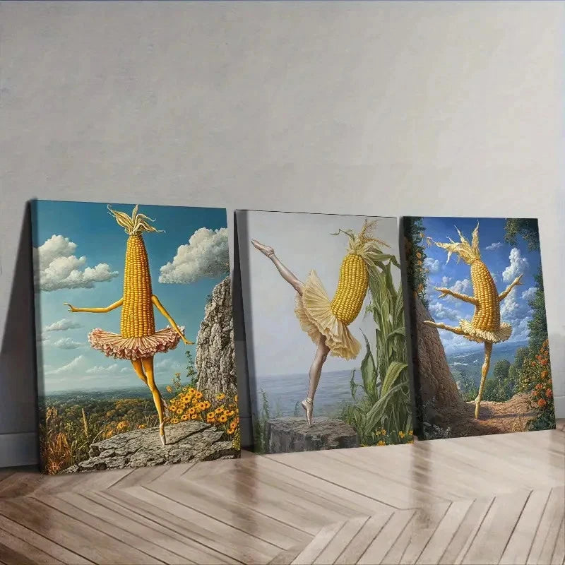 3pcs A corn with legs and a ballerina Wall Art Set Canvas Framed 40x60cm - High Quality Print 100% Australian Made Wall Canvas Ready to Hang - Bella Home Decor