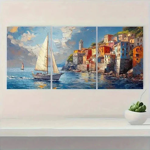 3pcs Vibrant Sailboat & Coastal Town Wall Art Set Canvas Unframed - High Quality Print 100% Australian Made Wall Canvas