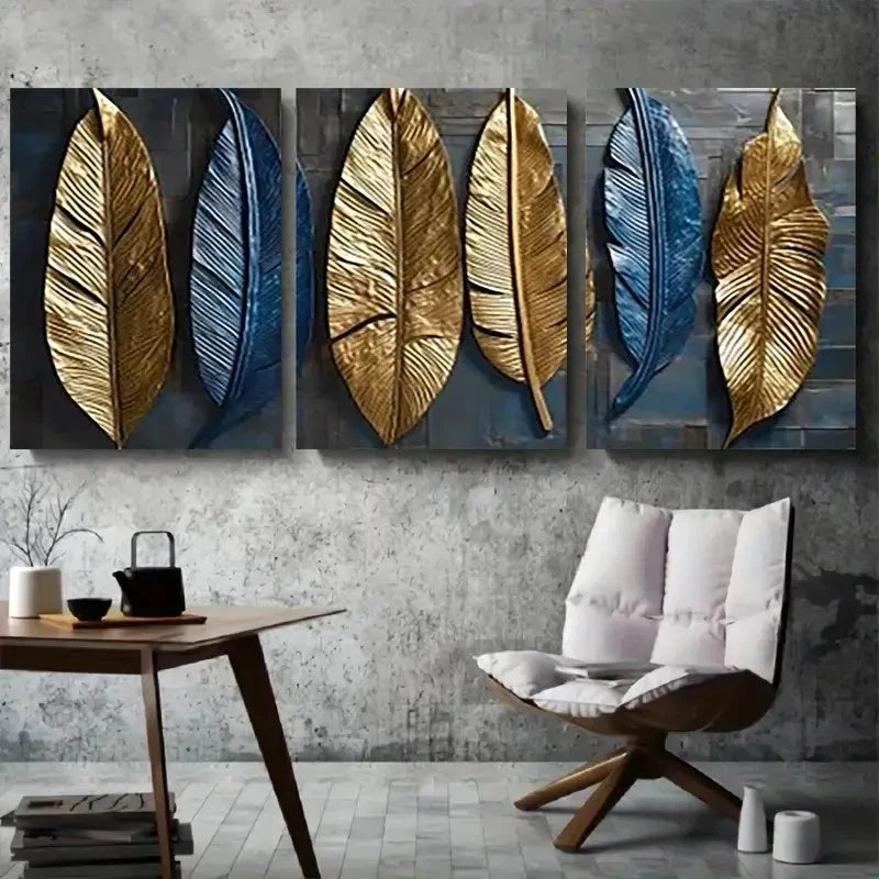3pcs Metallic Blue Golden Feather Leaf Wall Art Set Canvas Framed 40x60cm - High Quality Print 100% Australian Made Wall Canvas Ready to Hang