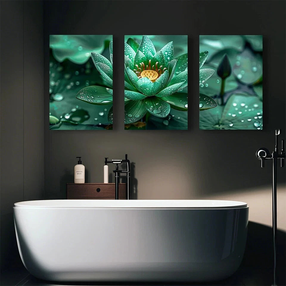 3pcs Abstract Green Lotus and Water Beads Metal Print Ready to Hang Art