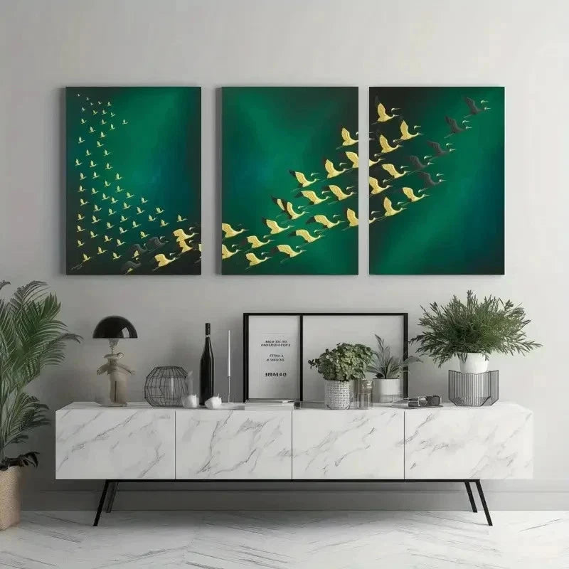 3pcs Green Background with Golden Accents Wall Art Set Canvas Framed 50x70cm - High Quality Print 100% Australian Made Wall Canvas Ready to Hang