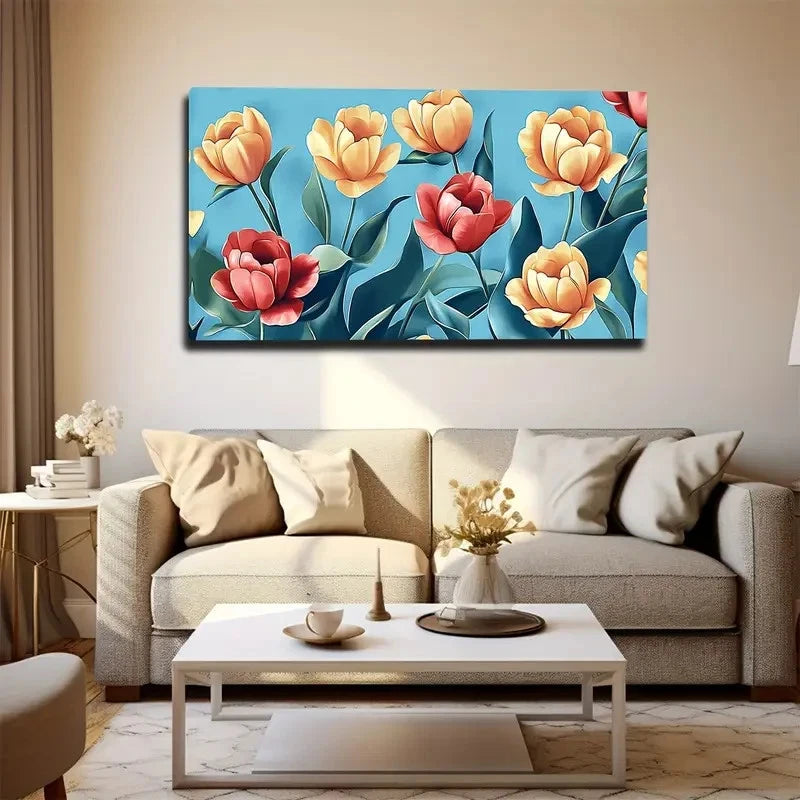 Vibrant Orange & Red Tulips Wall Art canvas office home room framed 120x60cm