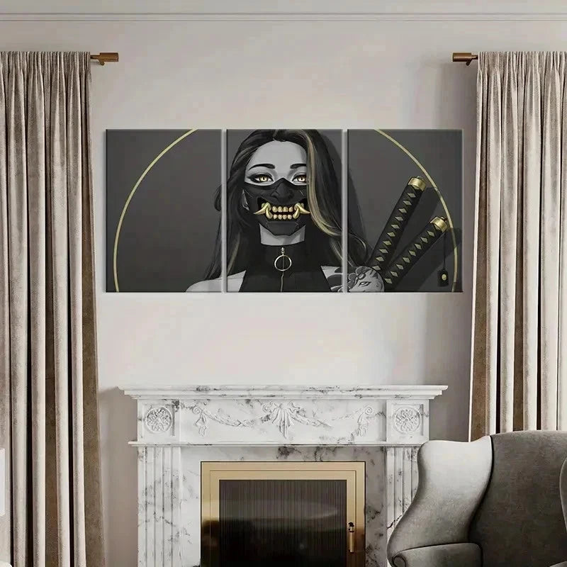 3pcs Woman In Mask and Katana Modern Wall Art Set Canvas Framed 40x60cm - High Quality Print 100% Australian Made Wall Canvas Ready to Hang