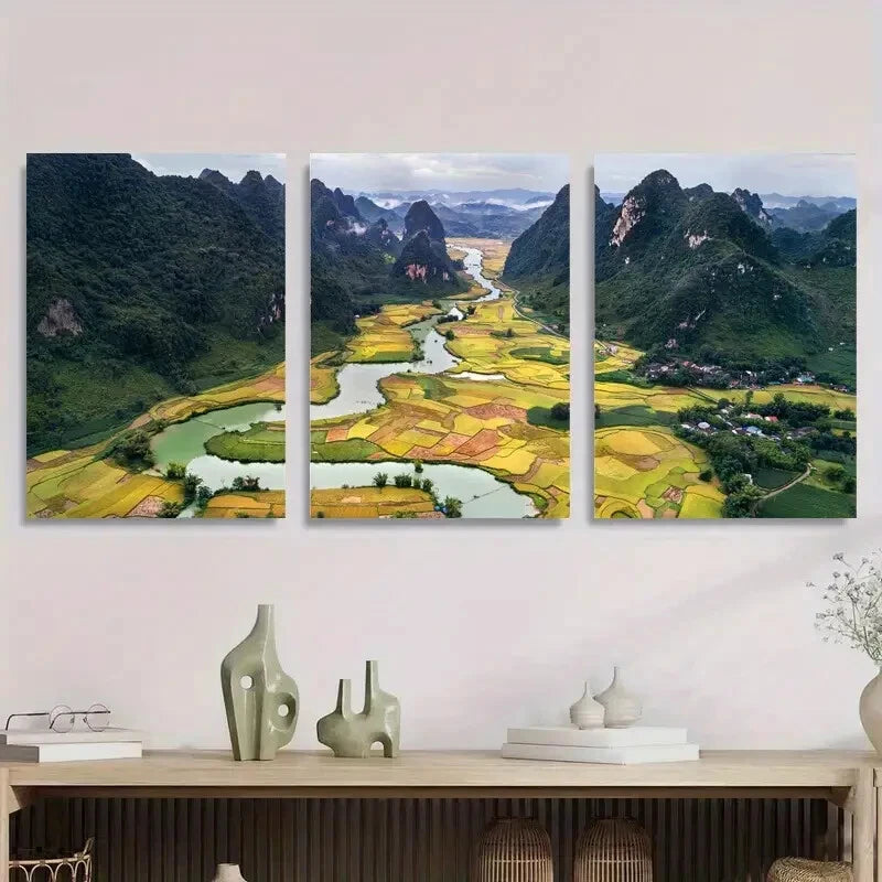 3pcs Serene Landscape of Mountain and Rice Fields Metal Print Ready to Hang Art