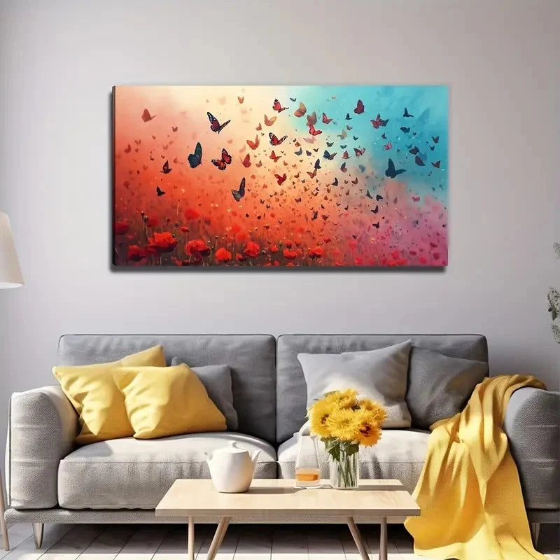Vibrant Butterfly & Floral Wall Art Canvas Office Home Room Framed 120x60cm