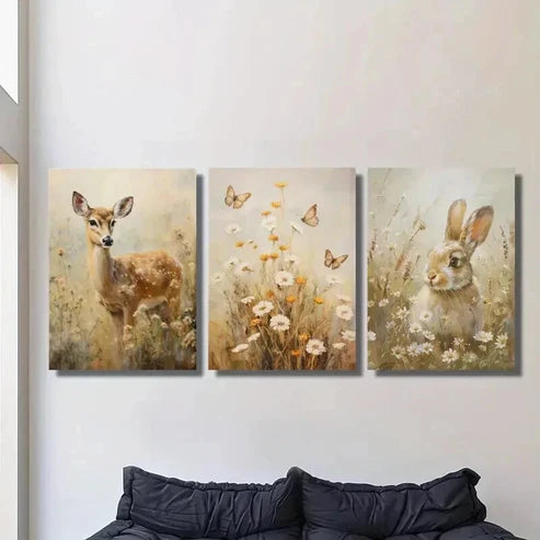 3pcs Deer And Bunny Scenery in Flower Field Wall Art Set Canvas Unframed - High Quality Print 100% Australian Made Wall Canvas - Bella Home Decor