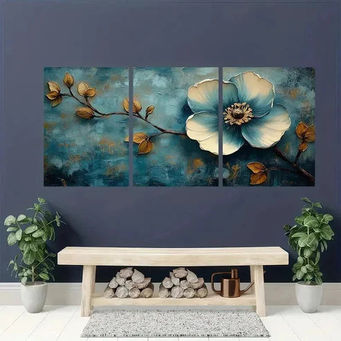 3pcs Jade Flower Perfect Blue Wall Art Set Canvas Unframed - High Quality Print 100% Australian Made Wall Canvas