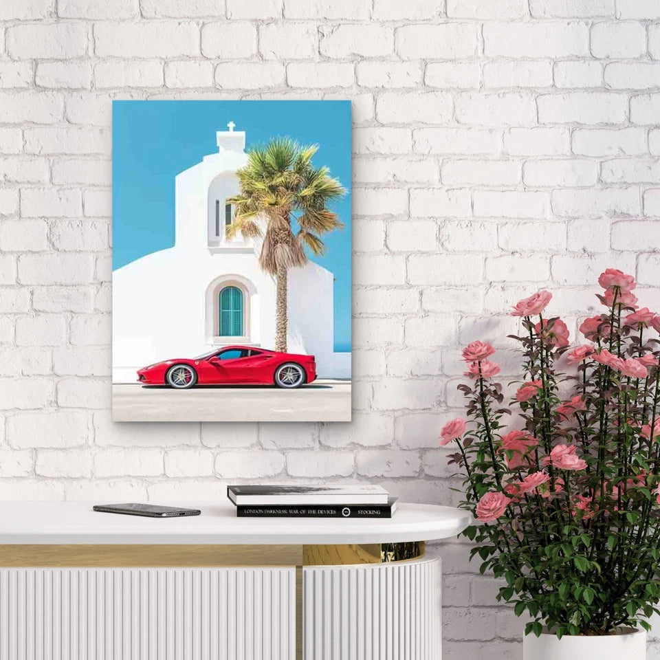 Vintage Style Red Sports with Palm Trees 40x60cm Metal Print Ready to Hang