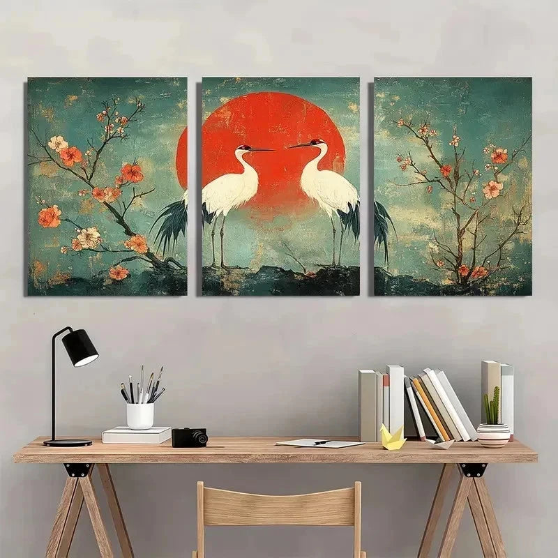 3pcs Two Cranes Utagawa Hiroshige Perfect Wall Art Set Canvas Framed 60x90cm - High Quality Print 100% Australian Made Wall Canvas Ready to Hang