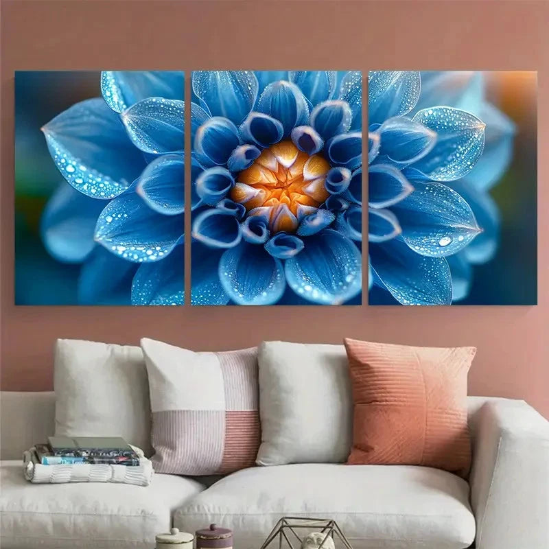 3pcs Cyan Blue Dahlia Flower Macro Perfect Wall Art Set Canvas Framed 40x60cm - High Quality Print 100% Australian Made Wall Canvas Ready to Hang
