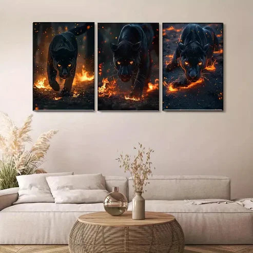 3 PCS Flame Surrounded Black Panther Triptych Wall Art Set Canvas Unframed - High Quality Print 100% Australian Made Wall Canvas - Bella Home Decor