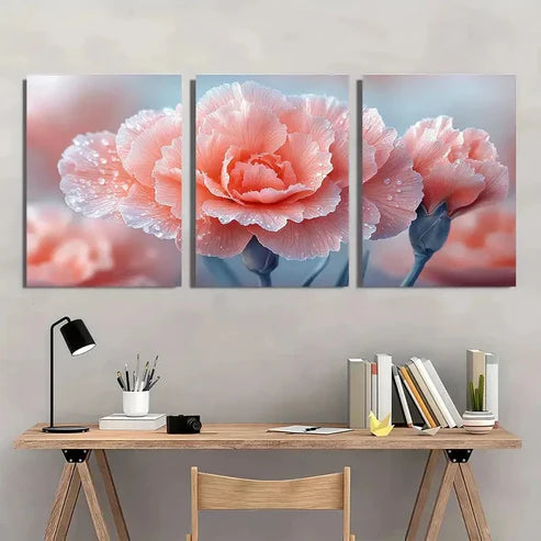 3pcs Pink Carnation Flower Droplet Wall Art Set Canvas Unframed - High Quality Print 100% Australian Made Wall Canvas