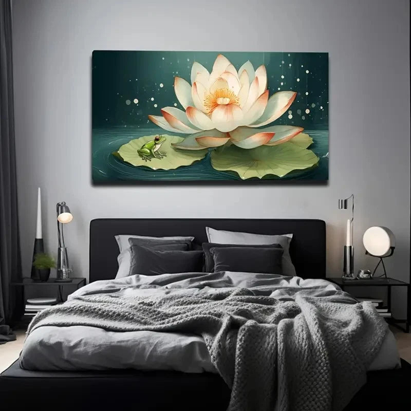 Vibrant Frog And Lotus Wall Art Canvas Office Home Room Framed 120x60cm