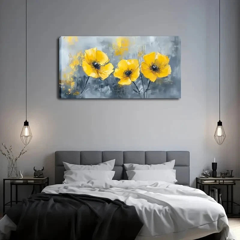 Vibrant Yellow Flowers Stems Wall Art Canvas Office Home Room Framed 120x60cm - Bella Home Decor