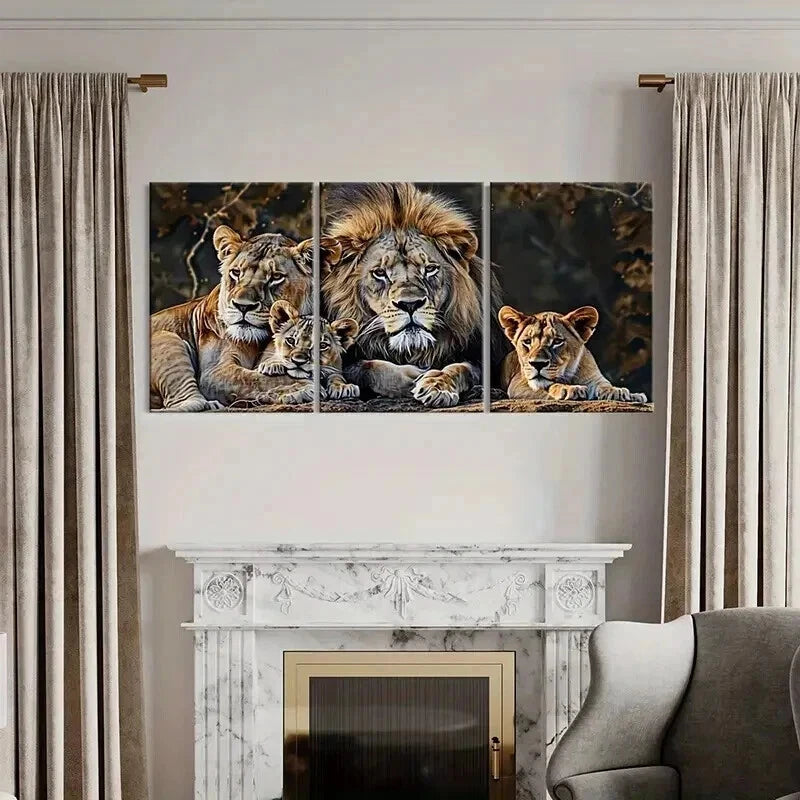 3pcs Lion Family Wildlife Nature Wall Art Set Canvas Framed 50x70cm - High Quality Print 100% Australian Made Wall Canvas Ready to Hang - Bella Home Decor