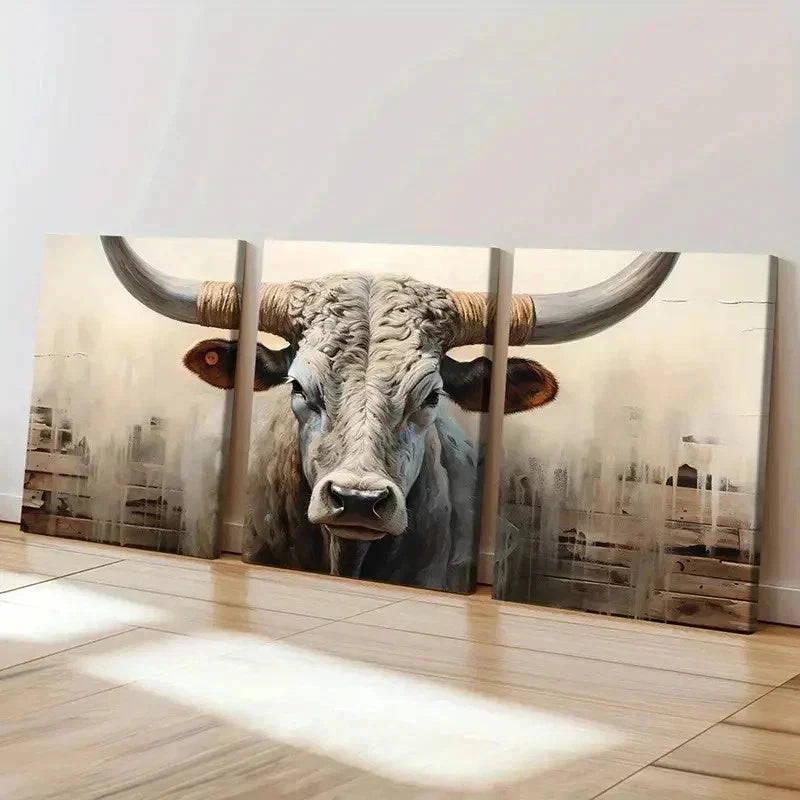 3pcs Vintage Horned Bull Cow Farmhouse Wall Art Set Canvas Framed 60x90cm - High Quality Print 100% Australian Made Wall Canvas Ready to Hang