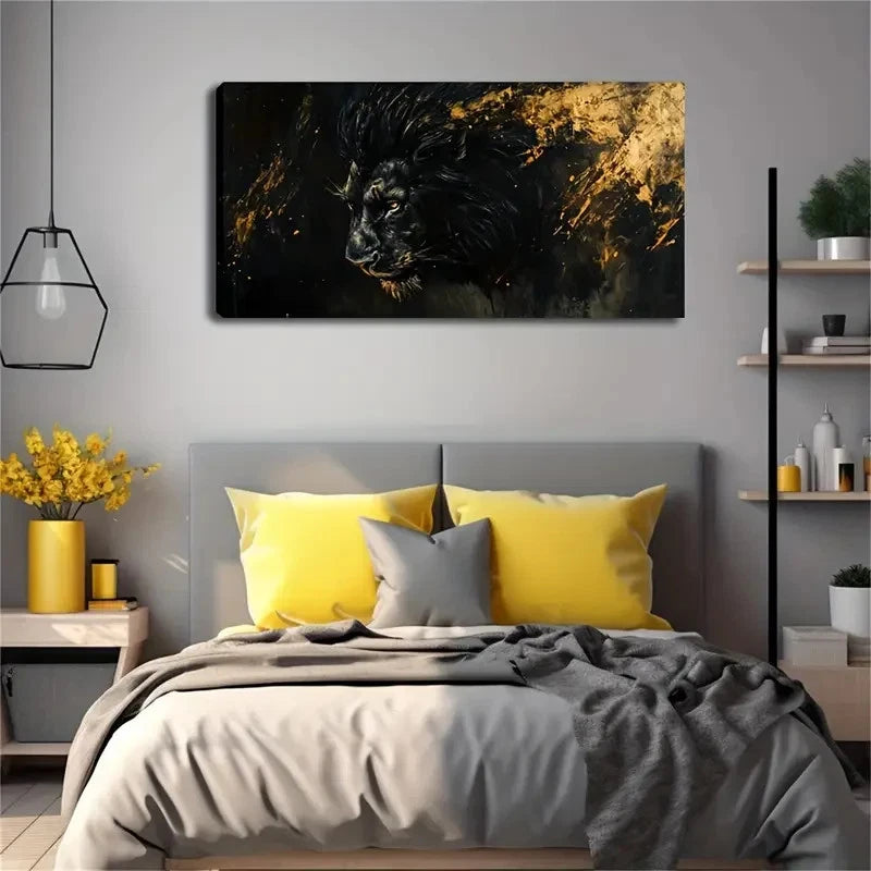 Black Lion Golden Mane Modern Wall Art Canvas Office Home Room Framed 120x60cm