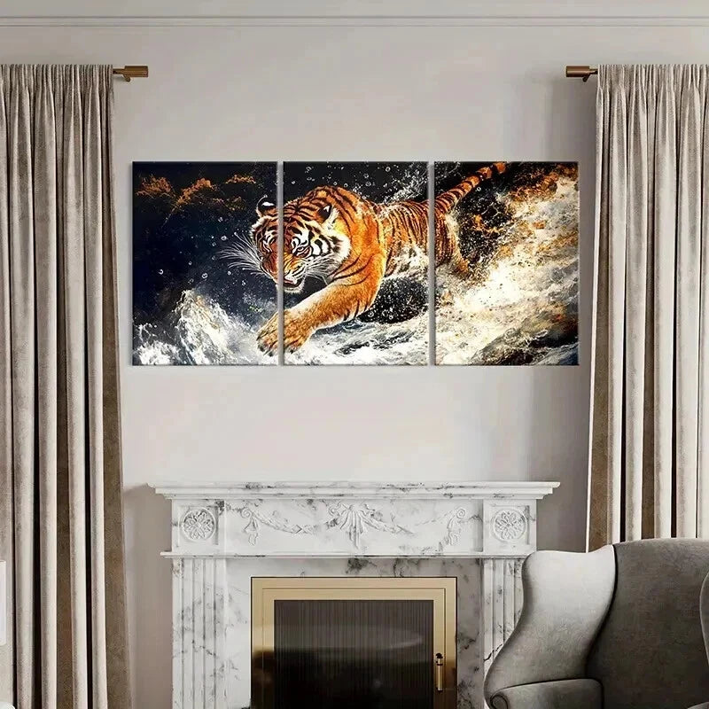 3pcs Tiger Bursting Through Water Wall Art Set Canvas Framed 60x90cm - High Quality Print 100% Australian Made Wall Canvas Ready to Hang - Bella Home Decor