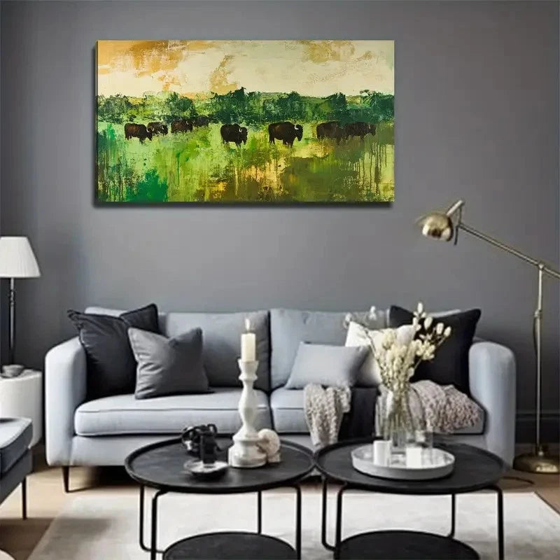 Abstract Grassland Cattle Wall Art Canvas Office Home Room Framed 120x60cm
