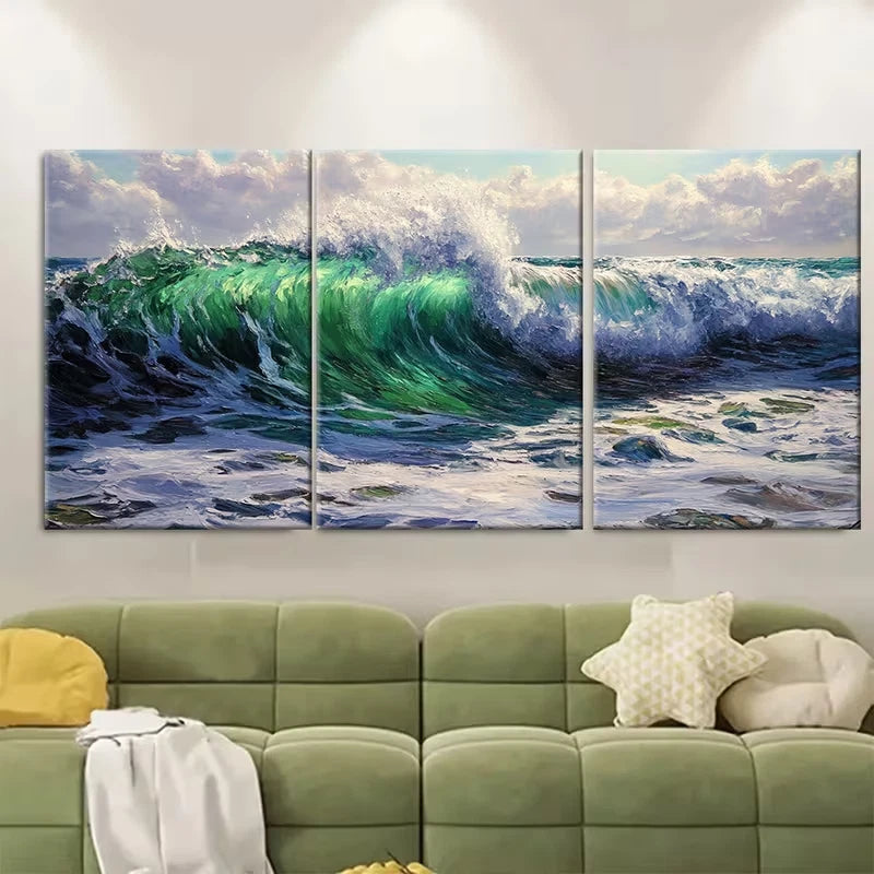 3pcs Emerald Wave, Turbulent Ocean Metal Print Ready to Hang Art