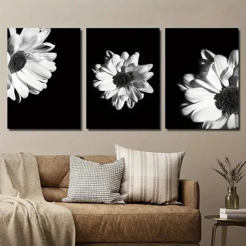 3pcs Elegant Black & White Gerbera Floral Wall Art Set Canvas Unframed - High Quality Print 100% Australian Made Wall Canvas