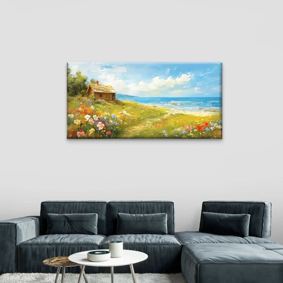 Beach House Flowers Field Wall Art Canvas Office Home Room Framed 120x60cm