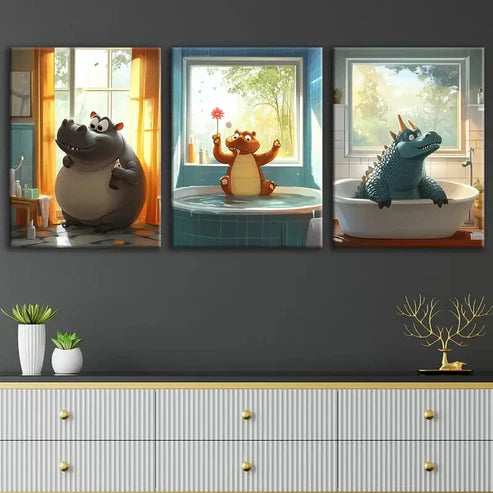 3pcs Cute Animal Hippopotamus Cow Crocodile Blue Wall Art Set Canvas Unframed - High Quality Print 100% Australian Made Wall Canvas - Bella Home Decor