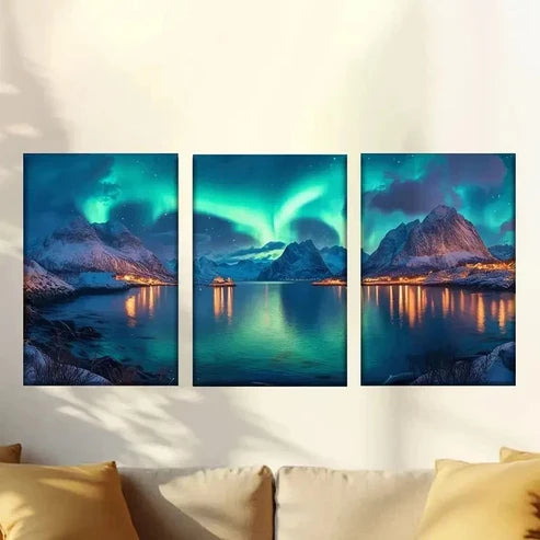 3pcs Northern Lights Over Mountain Lake Wall Art Set Canvas Unframed - High Quality Print 100% Australian Made Wall Canvas