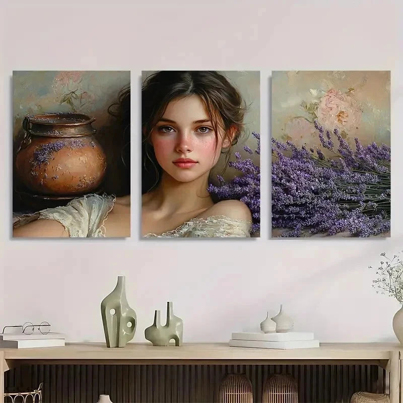 3pcs The Lavender Girl Fine Giclée Perfect Wall Art Set Canvas Framed 50x70cm - High Quality Print 100% Australian Made Wall Canvas Ready to Hang