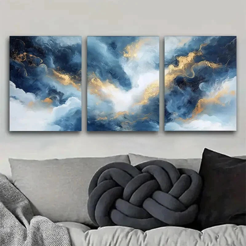 3pcs Blue and Golden Abstract Décor Perfect Wall Art Set Canvas Framed 50x70cm - High Quality Print 100% Australian Made Wall Canvas Ready to Hang - Bella Home Decor