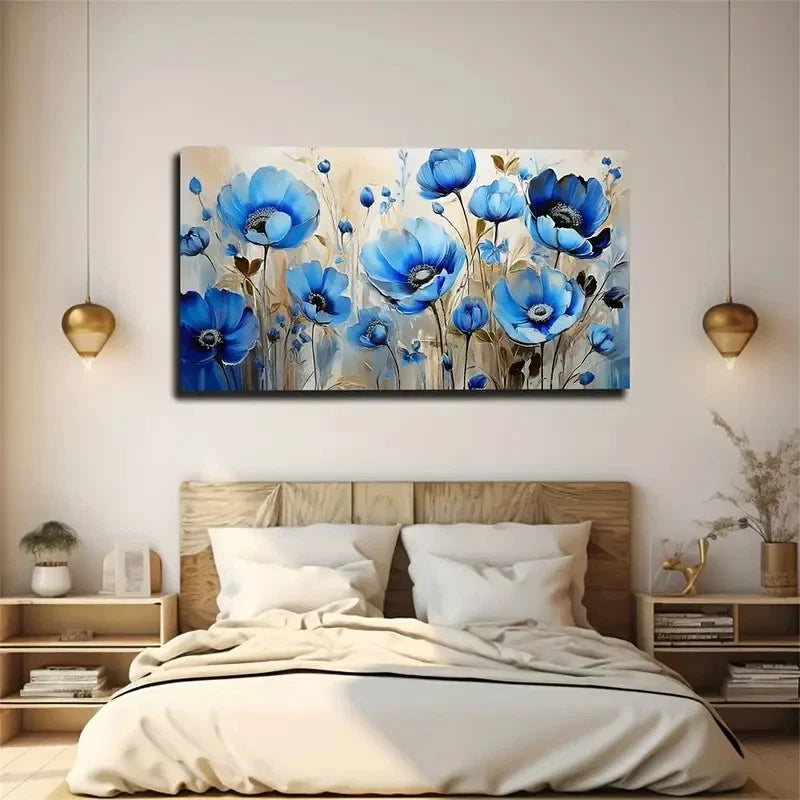 Blue Petals Yellow Leaves Wall Art Canvas Office Home Room Framed 120x60cm