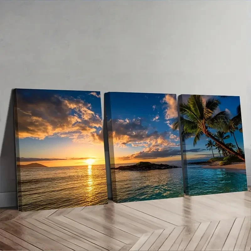 3pcs Sunset Over The Ocean with Palm Wall Art Set Canvas Framed 40x60cm - High Quality Print 100% Australian Made Wall Canvas Ready to Hang