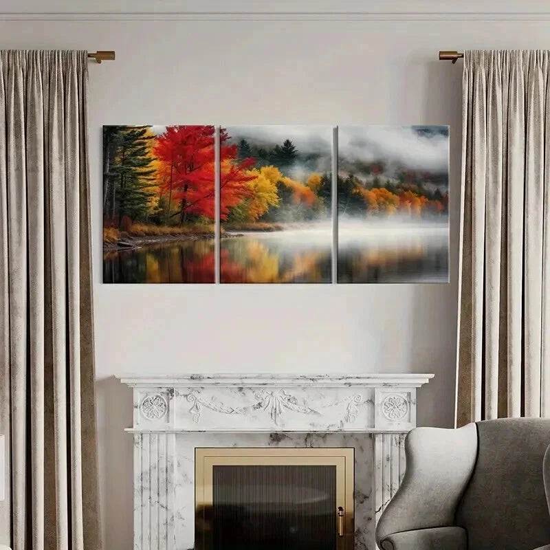 3pcs Autumn Colors Misty Lake & Vibrant Trees Wall Art Set Canvas Framed 40x60cm - High Quality Print 100% Australian Made Wall Canvas Ready to Hang