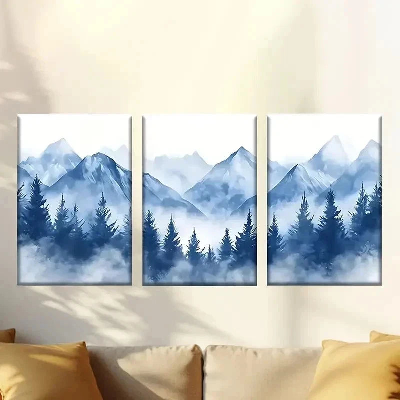3pcs Mountain Scene with Trees And Clouds Wall Art Set Canvas Framed 60x90cm - High Quality Print 100% Australian Made Wall Canvas Ready to Hang