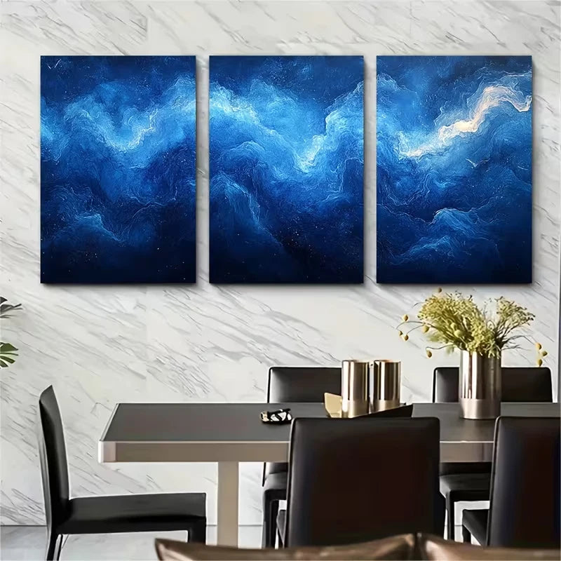 3pcs Elegant Indigo Abstract Watercolor Metal Print Ready to Hang Art