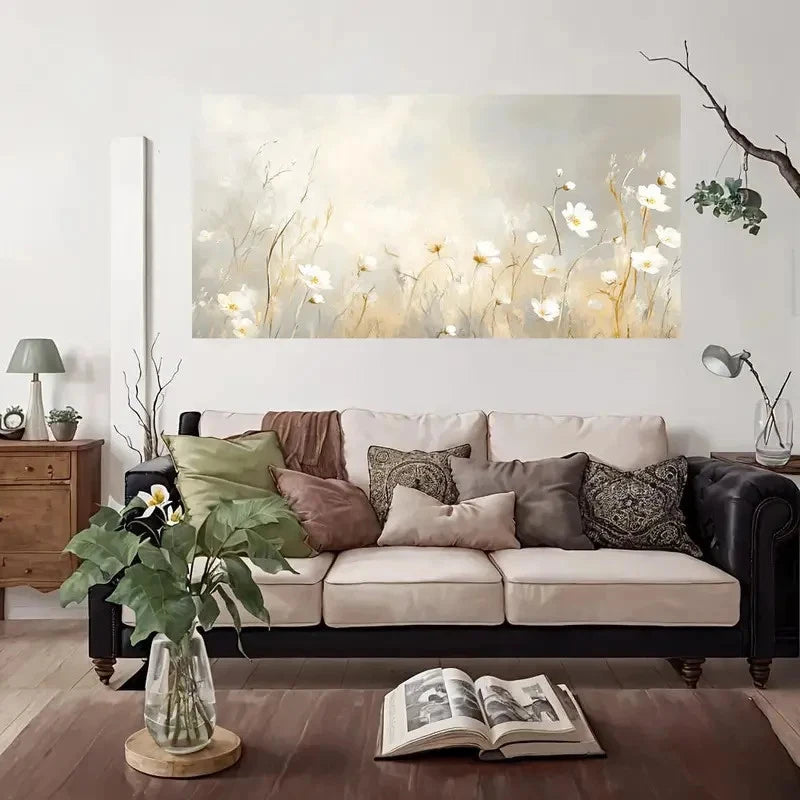 White Daisies & Beige Floral Wall Art Canvas Office Home Room Framed 120x60cm