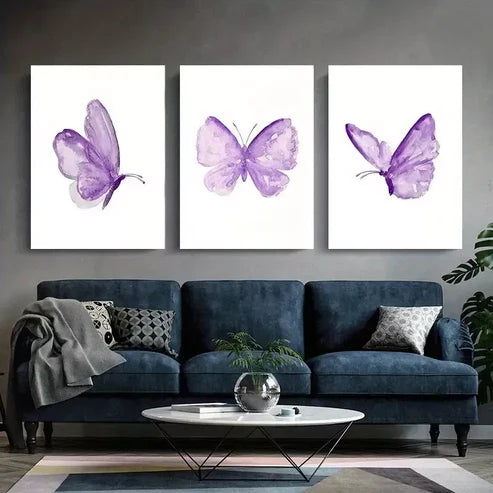 3pcs Butterfly Vibrant Purple Wall Art Set Canvas Unframed - High Quality Print 100% Australian Made Wall Canvas