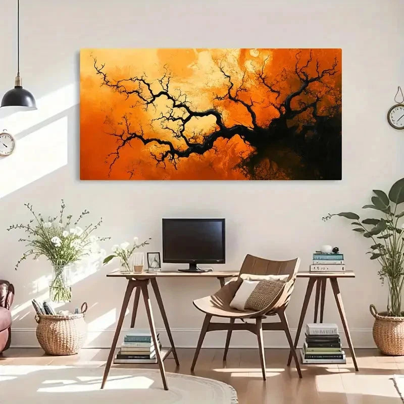 Fiery Orange Black Tree Perfect Wall Art Canvas Office Home Room Framed 120x60cm - Bella Home Decor