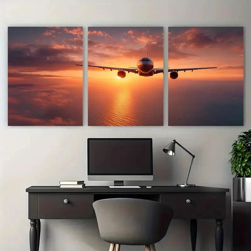 3pcs Sunset Soar Passenger Plane Dusk Perfect Wall Art Set Canvas Framed 40x60cm - High Quality Print 100% Australian Made Wall Canvas Ready to Hang