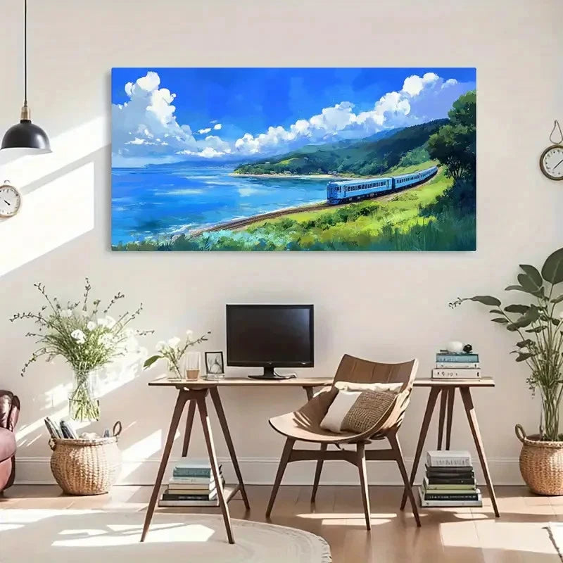 Classic Seascape Scenery Train Wall Art Canvas Office Home Room Framed 120x60cm