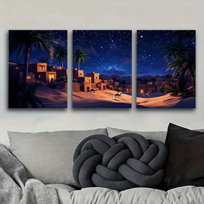 3pcs Desert Village Night Scenery Wall Art Set Canvas Framed 60x90cm - High Quality Print 100% Australian Made Wall Canvas Ready to Hang - Bella Home Decor