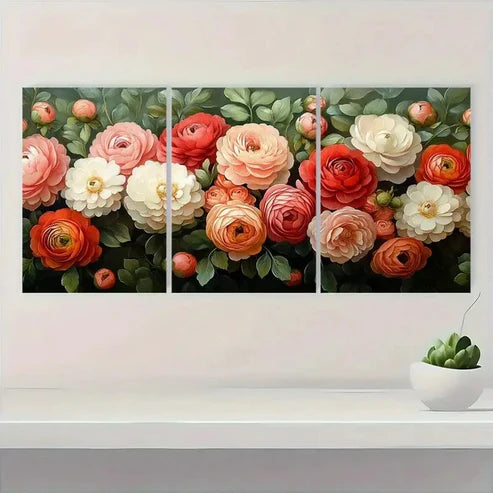 3pcs Red, Pink & White Hydrangea & Ranunculus Wall Art Canvas Unframed – High Quality Print 100% Australian Made Wall Canvas