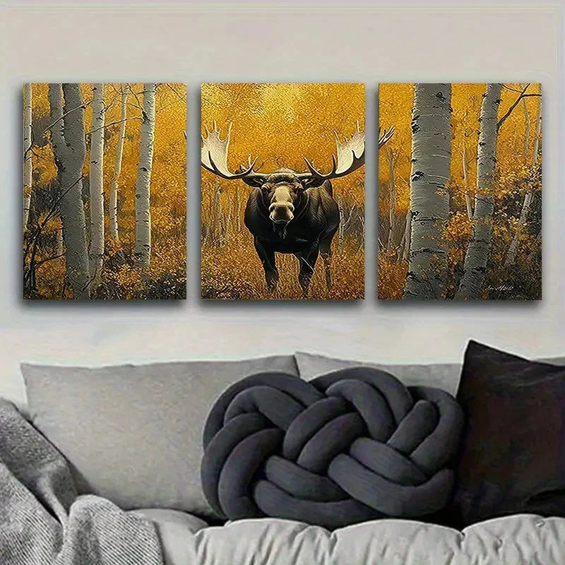 3pcs Majestic Moose in Autumn Wall Art Set Canvas Framed 60x90cm - High Quality Print 100% Australian Made Wall Canvas Ready to Hang