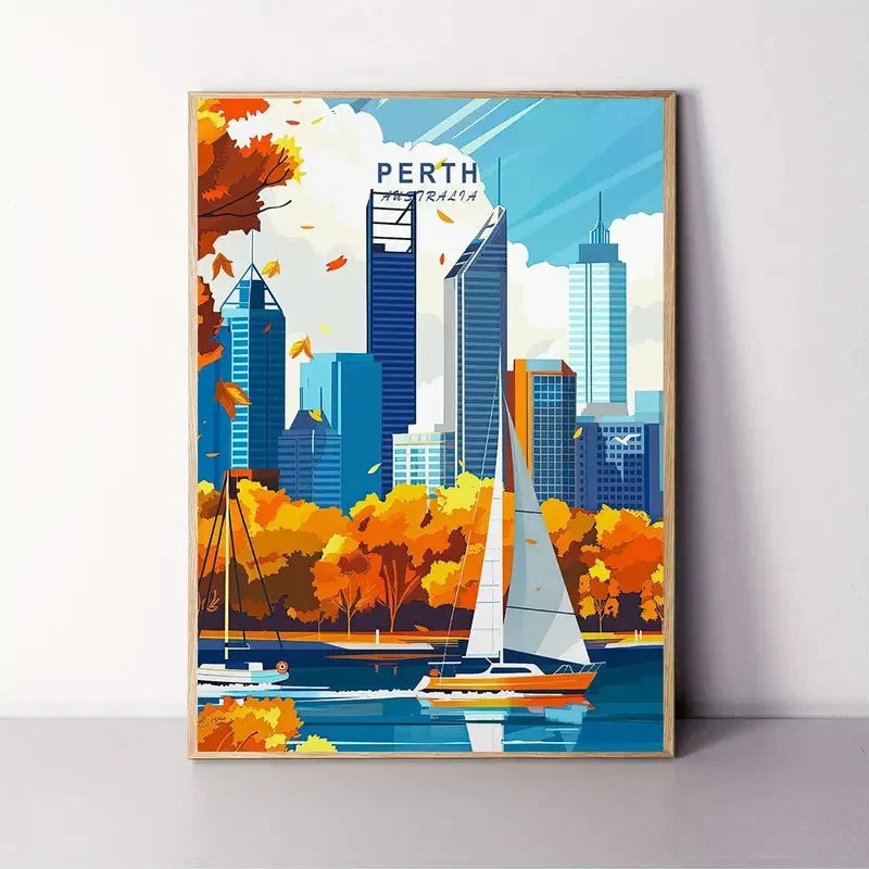 Perth Australia Cityscape Modern Vibrant Colors Travel Poster Print Wall Art